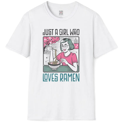 White flatlay t-shirt with girl eating ramen, bold fonts, and pink blossoms; ramen t-shirt, kawaii clothes.