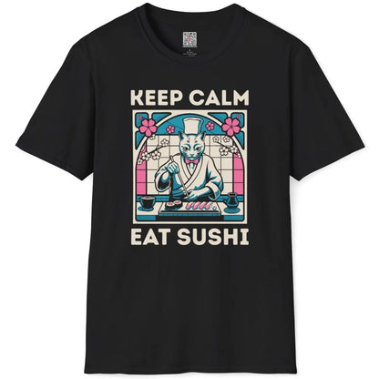 Black t-shirt flatlay with sushi cat chef, keep calm slogan, and cherry blossom theme.