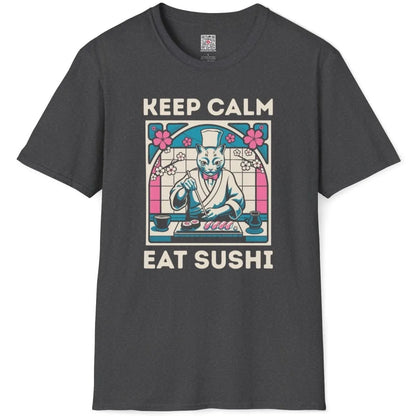 Dark heather t-shirt flatlay showing sushi cat chef, keep calm slogan, and cherry blossom accents.