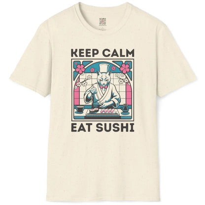Natural t-shirt flatlay with sushi cat chef, keep calm text, and traditional Japanese art.