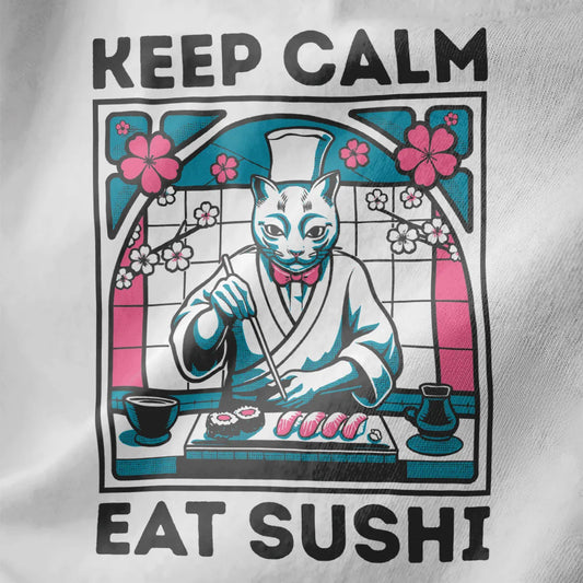Close-up of sushi cat chef design on white fabric, featuring keep calm text and cherry blossom accents.