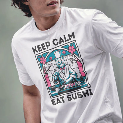 Male model wearing white sushi cat chef t-shirt with keep calm text and cherry blossoms, lower face visible.