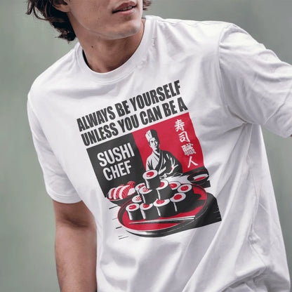 Male model in white sushi chef t-shirt, motivational text and chef graphic visible. sushi shirt, cultural pride.