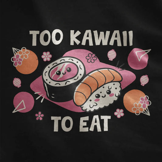 Close-up of kawaii sushi faces on black fabric, featuring too kawaii to eat text and pastel circles.