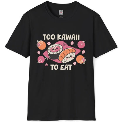 Black t-shirt flatlay with kawaii sushi faces, too kawaii to eat slogan, and Japanese lanterns.