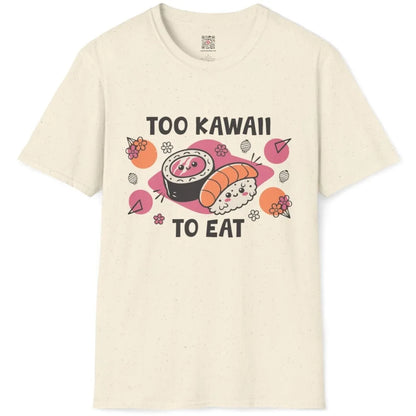 Natural t-shirt flatlay with kawaii sushi faces, too kawaii to eat text, and Japanese lanterns.