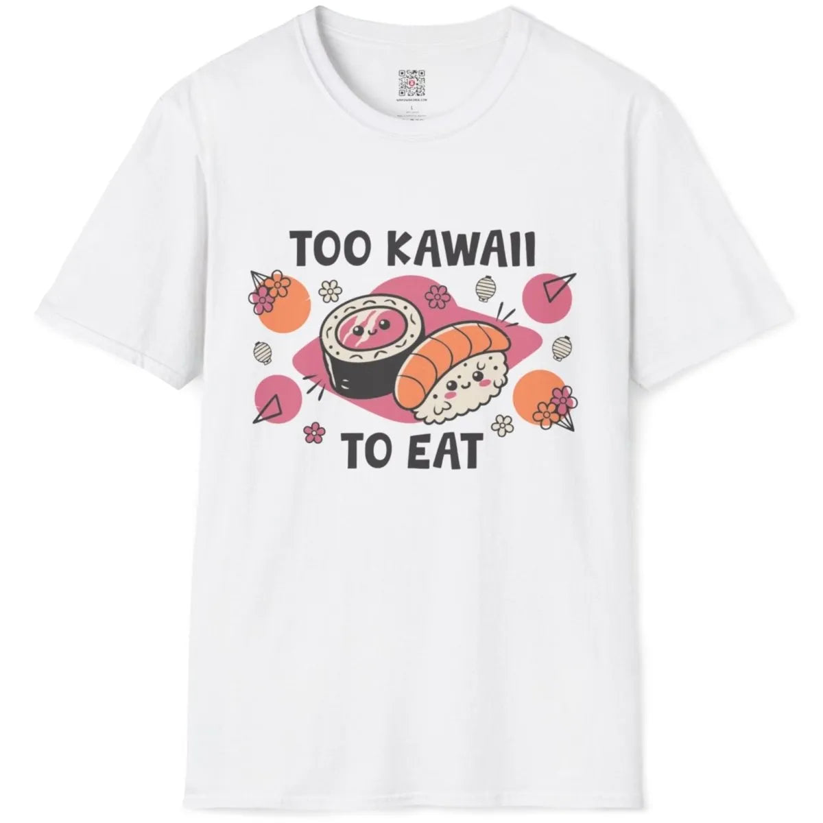 White t-shirt flatlay with kawaii sushi faces, too kawaii to eat text, and pastel Japanese art.