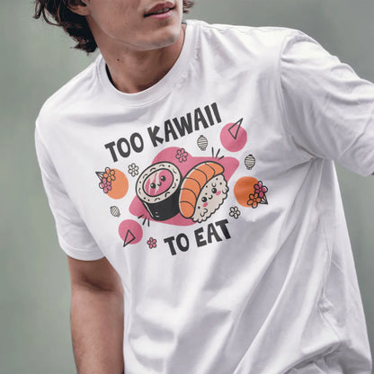 Male model wearing white t-shirt with kawaii sushi faces, too kawaii to eat text, and floral accents.
