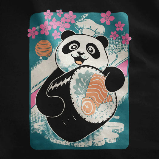 Close-up of panda chef holding sushi roll on black fabric, with cherry blossoms and festive accents.