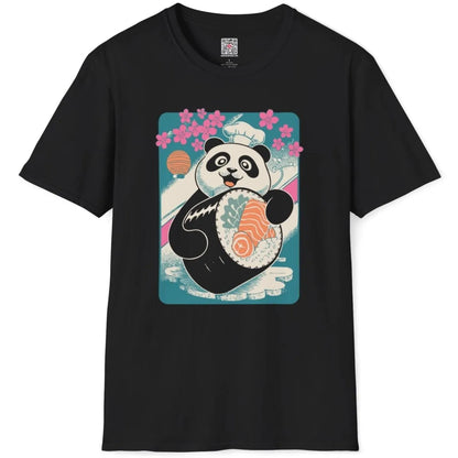 Black t-shirt flatlay with panda sushi chef, cherry blossom theme, and bold Japanese art.