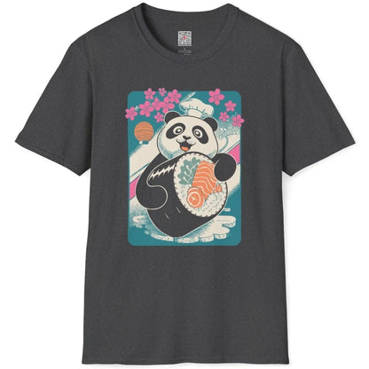 Dark heather t-shirt flatlay featuring panda sushi chef, cherry blossoms, and Japanese cultural symbols.