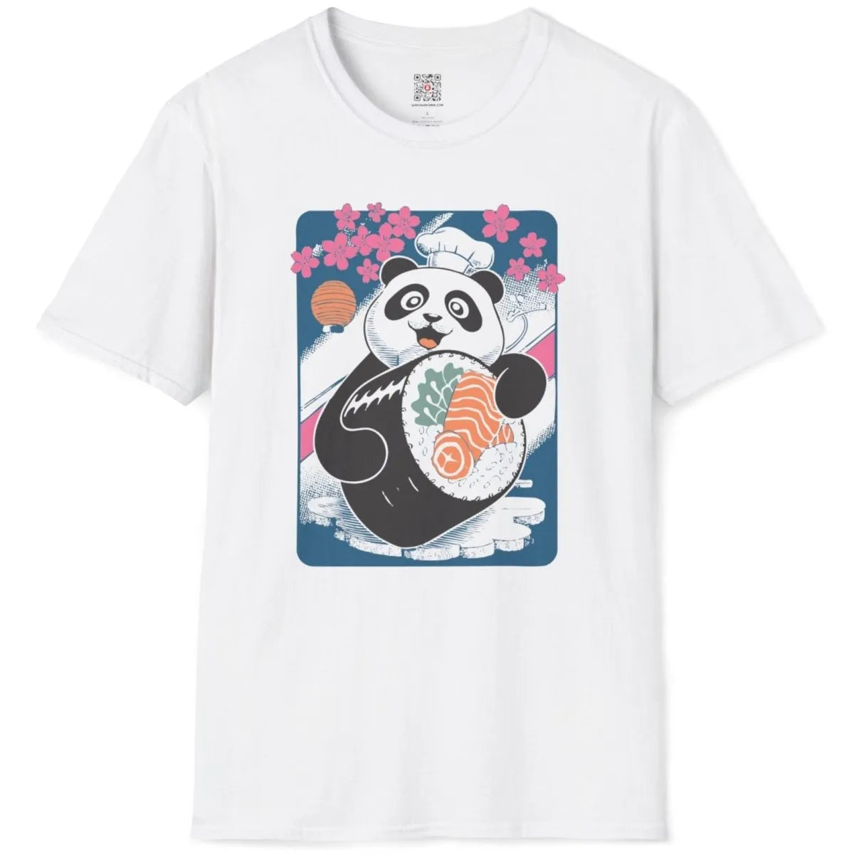 White t-shirt flatlay with panda sushi chef, festive cherry blossoms, and sushi t-shirt design.