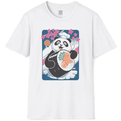 White t-shirt flatlay with panda sushi chef, festive cherry blossoms, and sushi t-shirt design.