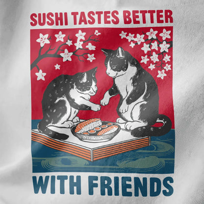 Two black-and-white cats sharing sushi at a table on white fabric, cherry blossom design, sushi t-shirt.