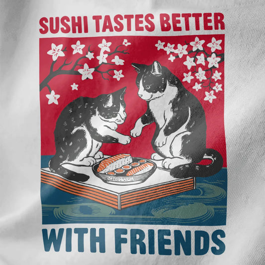 Two black-and-white cats sharing sushi at a table on white fabric, cherry blossom design, sushi t-shirt.