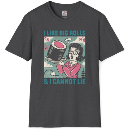Dark heather t-shirt with comic woman, big sushi roll, cherry blossom, retro design.