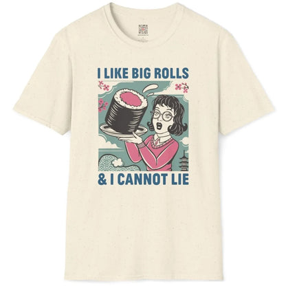 Natural shirt with comic woman, big sushi roll, pagoda, and cherry blossoms, graphic design t shirt.