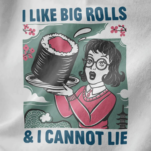 Woman in glasses and pink sweater holding giant sushi roll, cherry blossom background, sushi t-shirt.