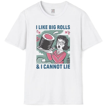 White sushi t-shirt with comic woman, big sushi roll, and playful slogan, sushi culture.