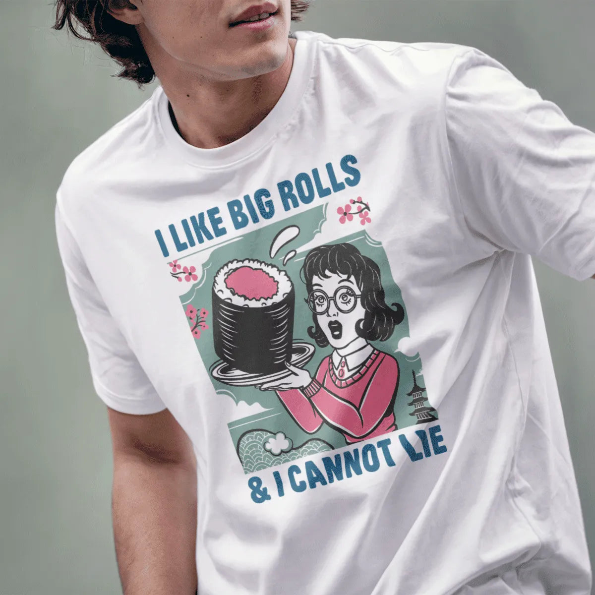 Male model in white sushi shirt with comic-style woman holding big sushi roll, Japanese t-shirts.