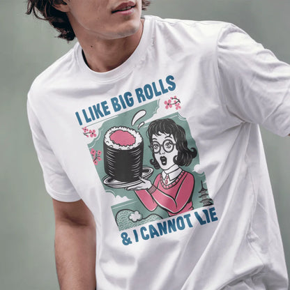 Male model in white sushi shirt with comic-style woman holding big sushi roll, Japanese t-shirts.