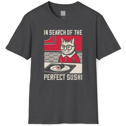 Dark heather shirt with cat, sushi roll, and red wave pattern, retro design.