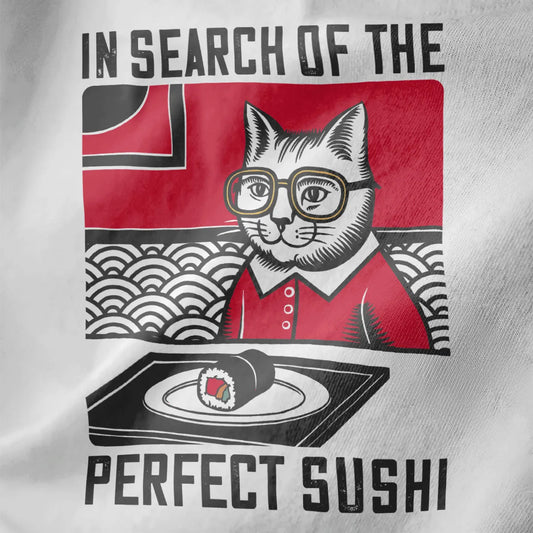 Sophisticated cat in glasses and red shirt eyeing sushi roll, wave pattern, sushi cat shirt.