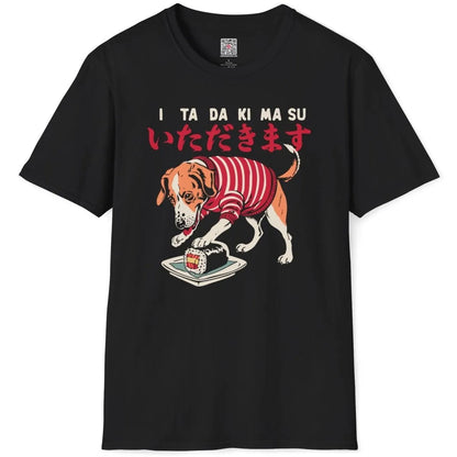 Black t-shirt with beagle in sweater, sushi plate, and bold Japanese "Itadakimasu" text, cartoonish style.