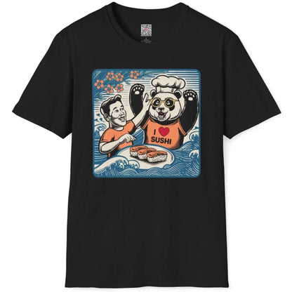 Cheerful panda chef and sushi plate on black t-shirt flatlay, sushi t-shirt, vibrant style.