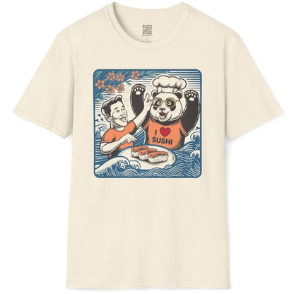 Cheerful panda chef and sushi plate on natural t-shirt flatlay, sushi shirt, positive messaging.