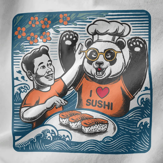 Cheerful panda chef with "I ❤️ SUSHI" shirt and sushi plate on white fabric, vibrant style, sushi t-shirt.