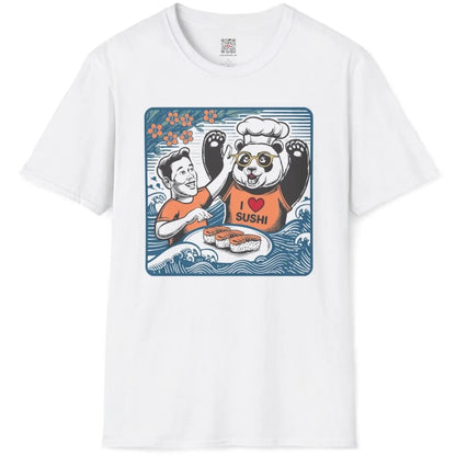 Cheerful panda chef and sushi plate on white t-shirt flatlay, sushi shirt, pop art shirt.