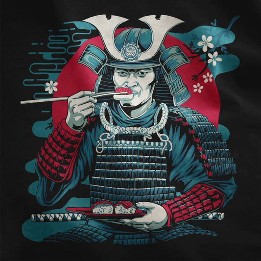 Samurai in blue and red armor holding sushi plate, black fabric closeup, sushi t-shirt, samurai fusion.