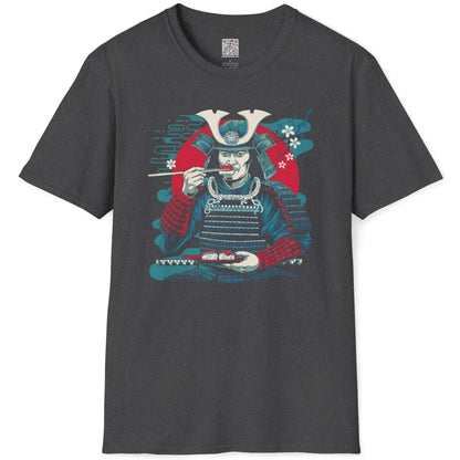 Samurai with sushi plate on dark heather flatlay, sushi shirt, wave background.