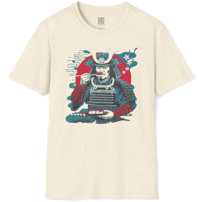 Samurai with sushi plate on natural t-shirt flatlay, sushi t-shirt, samurai warrior art.