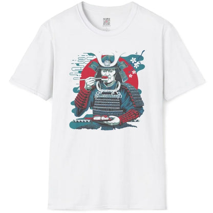 Samurai with sushi plate on white t-shirt flatlay, sushi t-shirt, cultural symbols.
