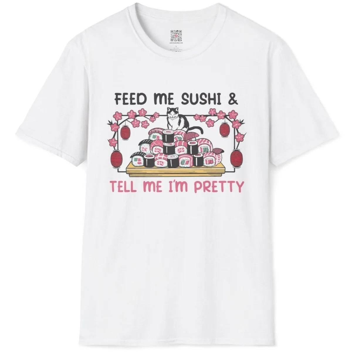 Cat atop sushi tray with cherry blossoms on white t-shirt flatlay, sushi shirt, humorous quote.