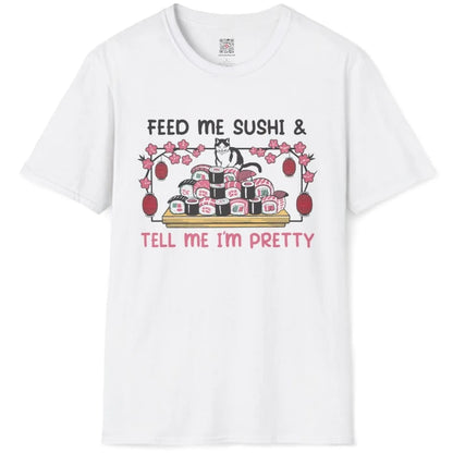 Cat atop sushi tray with cherry blossoms on white t-shirt flatlay, sushi shirt, humorous quote.