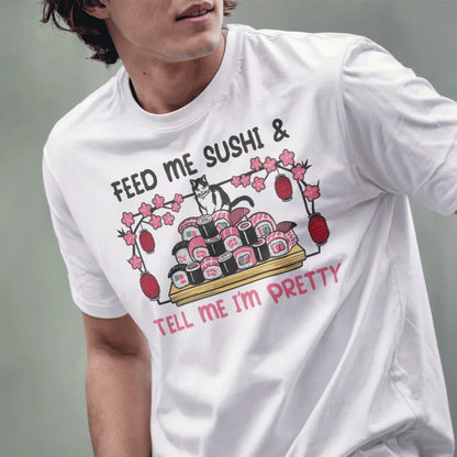 Male model in white t-shirt with cat sitting on sushi, funny cat shirt, kawaii sushi.