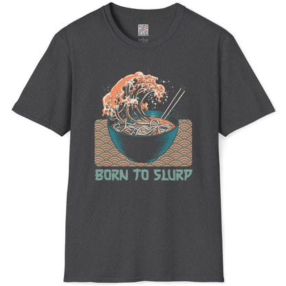 Dark heather flatlay with playful ramen and wave design, dynamic composition, noodle shirt.