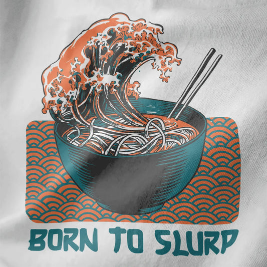 Close-up of vibrant ramen bowl and wave design on white t-shirt, bold typography, japanese t-shirts.