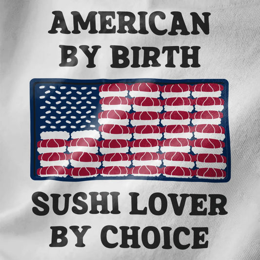 American flag made of sushi on white fabric, vintage font above and below. sushi t-shirt, patriotic t shirt.