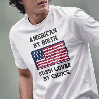 Male model wears white t-shirt with sushi flag design, sushi lover phrase, and playful patriotic theme.