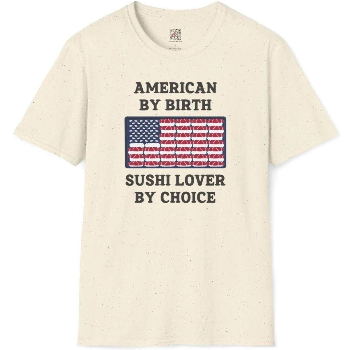 Flatlay of natural t-shirt with sushi flag, rice stars, nigiri stripes, and vintage text. sushi t-shirt, urban style.