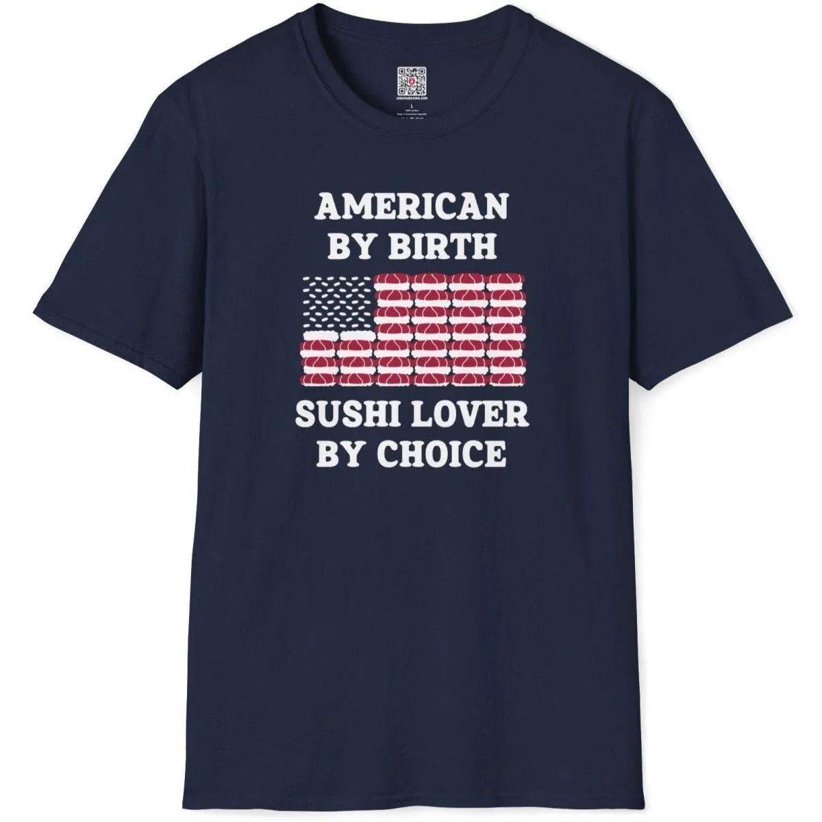 Flatlay of navy t-shirt with sushi flag, rice stars, nigiri stripes, and vintage text. cultural fusion, sushi shirt.