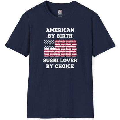 Flatlay of navy t-shirt with sushi flag, rice stars, nigiri stripes, and vintage text. cultural fusion, sushi shirt.