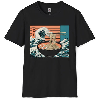Black flatlay t-shirt with steaming ramen, blue wave, and Japanese text, the great wave shirt.