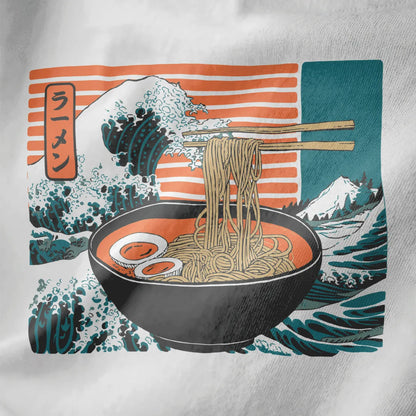 Close-up of ramen bowl with Hokusai wave and eggs on white t-shirt, japanese t-shirts, ramen shirt.