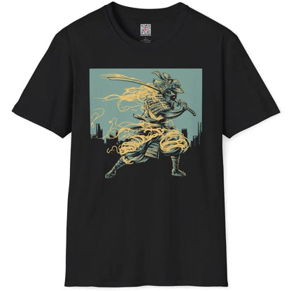 Black flatlay t-shirt with samurai, cityscape, and ramen, traditional japanese art, graphic design t shirt.