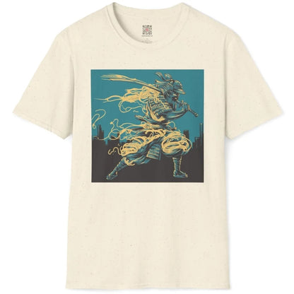 Natural flatlay t-shirt with samurai and ramen fusion, bold typography, cultural symbols.